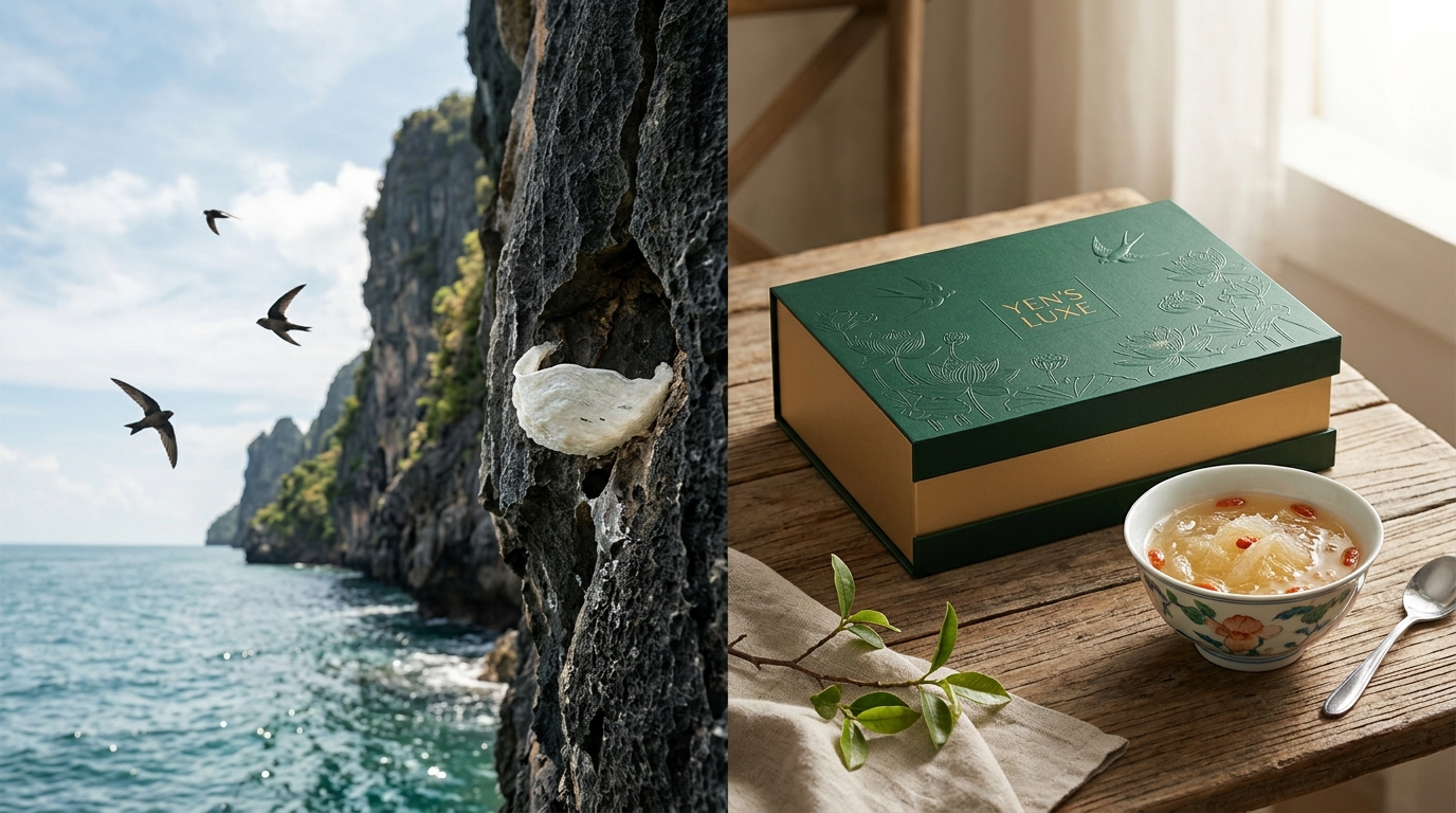 So sánh chim yến làm tổ bằng nước bọt trên vách đá và bộ hộp quà Hoa Sen Đàn Én — Yến Sào Hà Mi Đà Nẵng