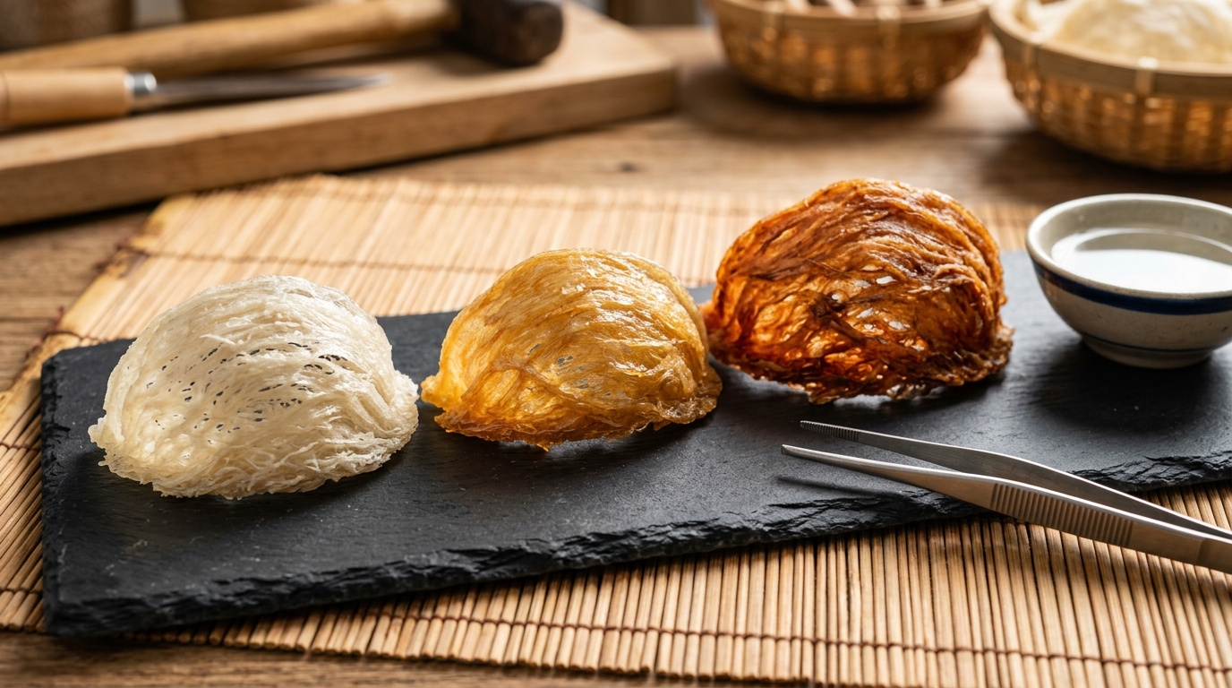 Ba màu sắc tự nhiên của tổ yến gồm Bạch yến trắng ngà, Hồng yến vàng cam và Huyết yến — Yến Sào Hà Mi Đà Nẵng